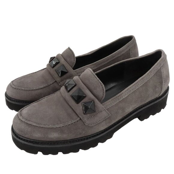 Gabor Womens 6.5 Gray Suede Leather Black Pyramid Stud Chunky Lug Sole Loafers - Picture 1 of 11